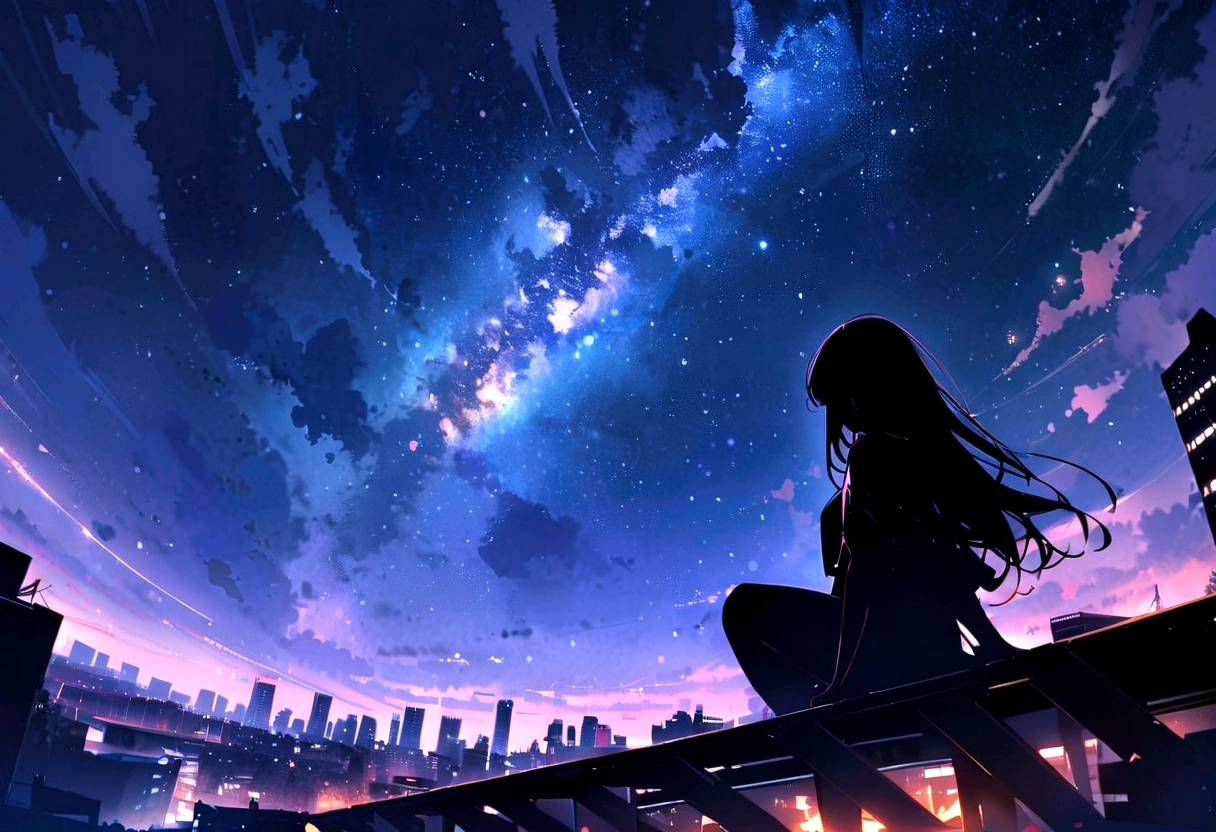 
masterpiece,Octane, null, star (null), scenery, starry null, night, One Girl, night null, alone, Outdoor, building, cloud, milky way, Sitting, wood, Long Hair, city, silhouette, cityscape,masterpiece,8K