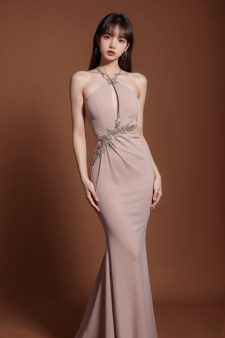 21yo girl, classy gown, Brown background,