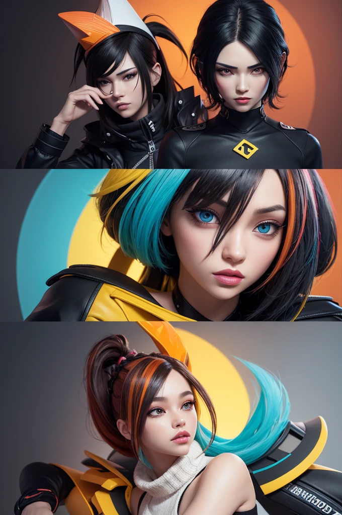 a graphic design that uses 3D characters and 3D elements mixed with 2D, creating contrast and depth. The design must have a modern and attractive style, with realistic 3D characters interacting with 2D elements in a well-structured layout. Use a vibrant, harmonious color palette to highlight 3D elements and create an impactful look.