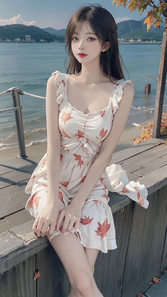 Sweet Girls Clothes 6,Printed dress, Red lips, Mature female, cosmetic, big eyes. beautiful eyes, ((Random shooting angle)), (best quality, masterpiece:1.2), Extremely detailed, (Practical:1.37), beautiful, young, Glamorous model (Delicate eyes, Delicate lips, extremely Delicate eyes), Available in white with floral pattern, Show a bright smile, fit, Long legs, Create a stunning picture of a girl enjoying the sun, Outdoor sports, Beach, On the pier, Warm colors, Very high color saturation, Official Art, Extremely detailed CG unified 8k wallpaper,(High Dynamic Range :1.4), (Movie),(Soft colors, Dull Color, Soothing Tones :1.3), (Natural skin texture, ultra-Practical, Soft Light, sharp),(Very detailed), night, autumn, autumn maple leaves, Professional lighting, Leaning on the guardrail, Looking into the distance