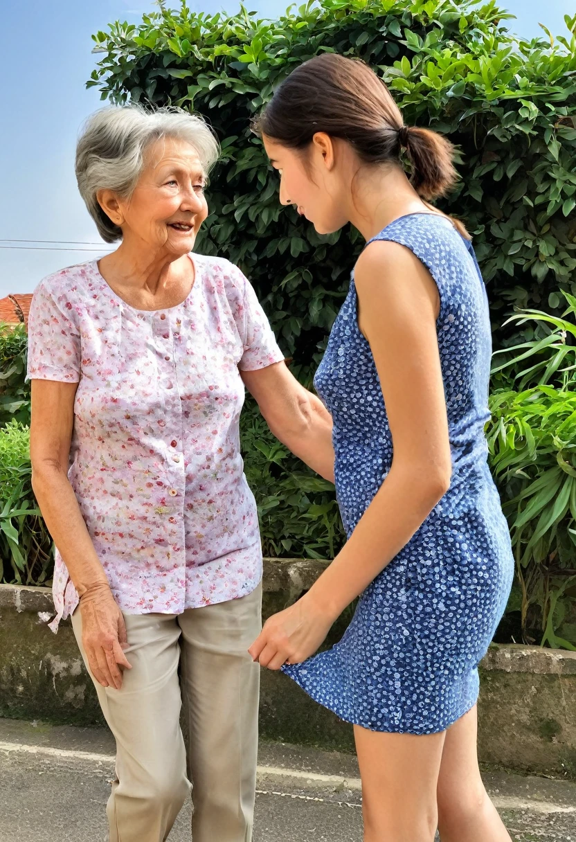 an old mature woman is undressing a young  girl