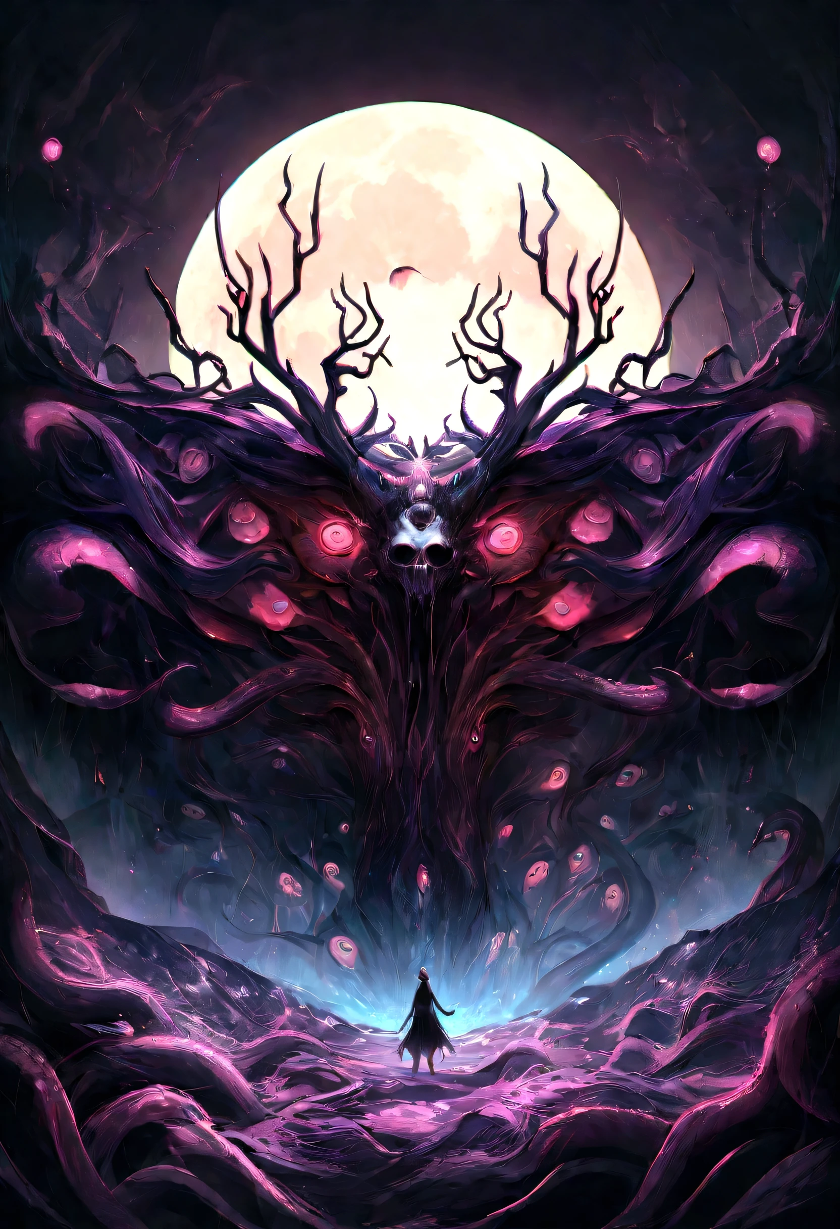 (1 terrifying and charismatic monster made from a Cave Swamp tree trunk, have a very pronounced mouth), Branches come out from the head, look at the camera, hypnotic and detailed eyes, built into the tree itself, be confused with them, dark energy, spectrum, very detailed, Natural light, Posthuman, face, neutral, meat, The horror of the universe, alien organic nightmare, fantasy, dream as art, higher resolution,8K,QG, very detailed 8K wallpaper, complex, high detail, sharp focus, dramatic (full moon), realist, works of art, better quality, space, universe, magic, complex, very detailed, ???, sharp focus, dramatic lighting, chromatic aberration, Depth of the bounds written, soft lighting, ,tentacles from skull full moon, transmitted by blood, corporal horror