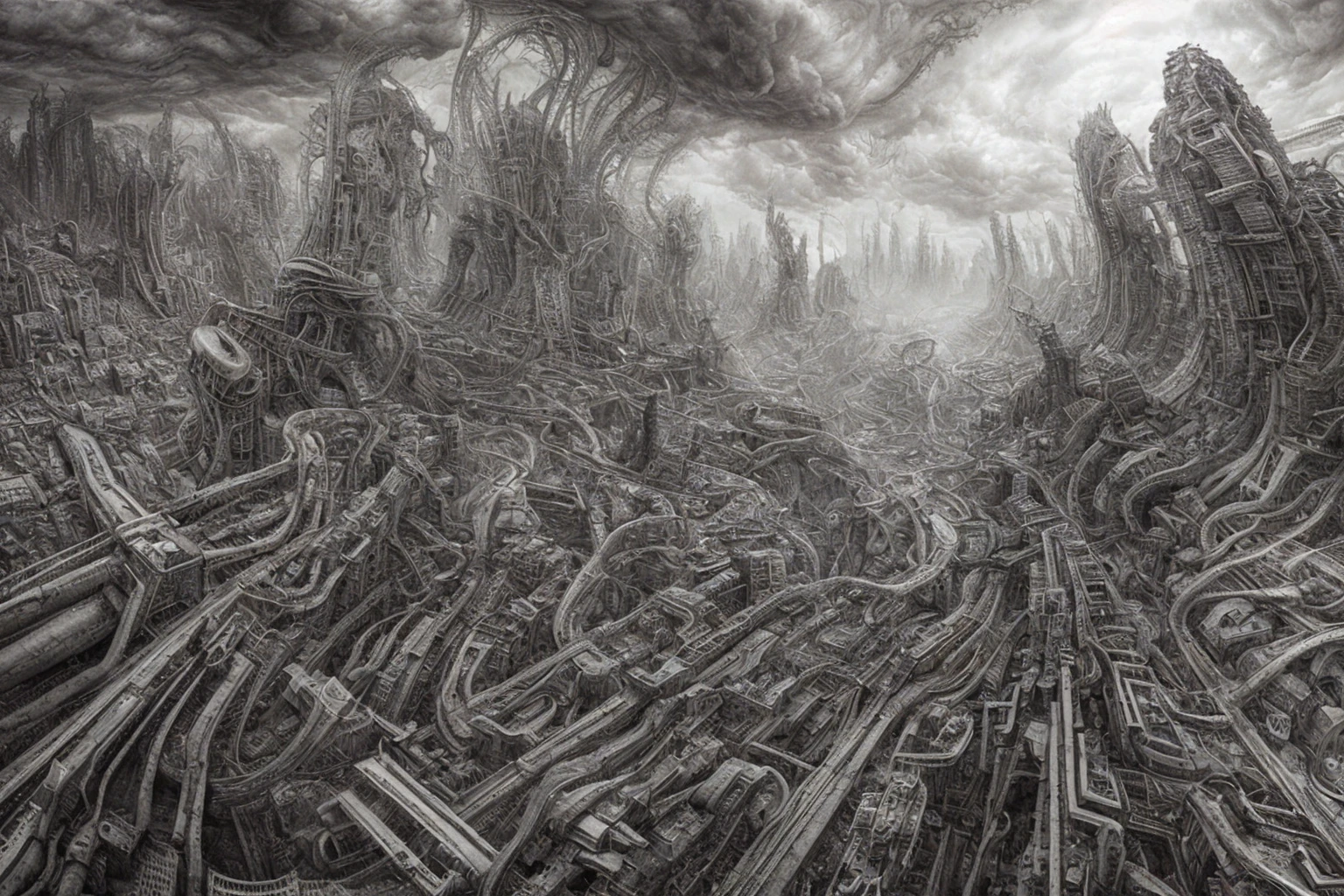 city of merging organic forms, creeping cables and pipes , in style of Dan Seagrave, H. R. Giger, Zdzisław Beksiński with cinematic lighting, background cloud storm inspired by jeffrey smith