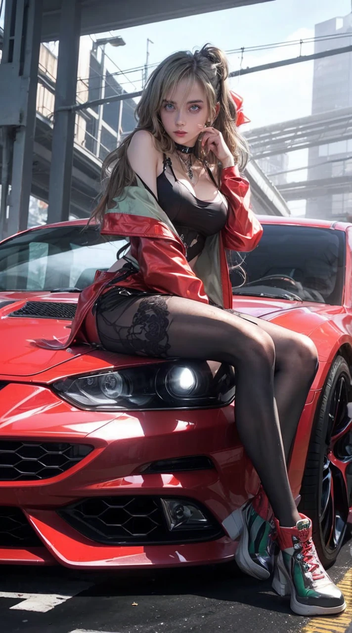 One Woman　Race Queen　Posing for the camera in front of a sports car　High leg　Low - Angle　Cute smile