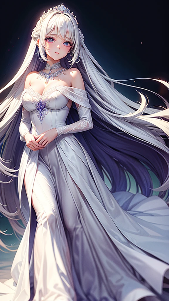 Most beautiful age bride wearing an elegant off the shoulder white wedding dress with a vail. Most dreamy figure and facial features. Extremely long white hair and purple eyes. ultra clear details.