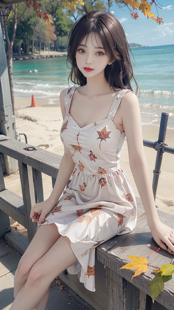 Sweet Girls Clothes 6,Printed dress, Red lips, Mature female, cosmetic, big eyes. beautiful eyes, ((Random shooting angle)), (best quality, masterpiece:1.2), Extremely detailed, (Practical:1.37), beautiful, young, Glamorous model (Delicate eyes, Delicate lips, extremely Delicate eyes), Available in white with floral pattern, Show a bright smile, fit, Long legs, Create a stunning picture of a girl enjoying the sun, Outdoor sports, Beach, On the pier, Warm colors, Very high color saturation, Official Art, Extremely detailed CG unified 8k wallpaper,(High Dynamic Range :1.4), (Movie),(Soft colors, Dull Color, Soothing Tones :1.3), (Natural skin texture, ultra-Practical, Soft Light, sharp),(Very detailed), night, autumn, autumn maple leaves, Professional lighting, Leaning on the guardrail, Looking into the distance