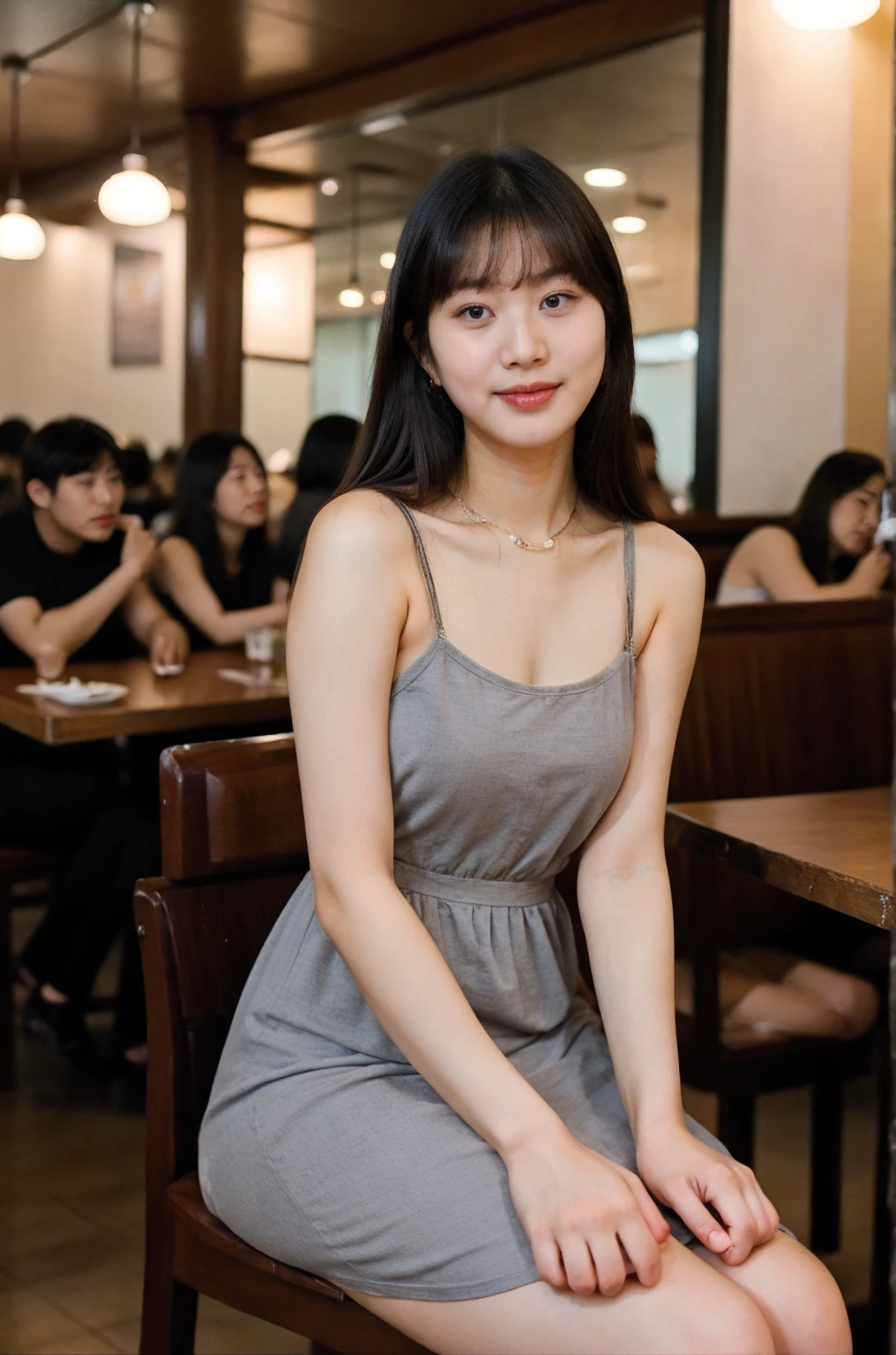 A cute 25-year old Korean woman wearing a sundress, sitting at a table in a crowded restaurant, shirtpull, embarrassed, shy, flash photography, dim lighting