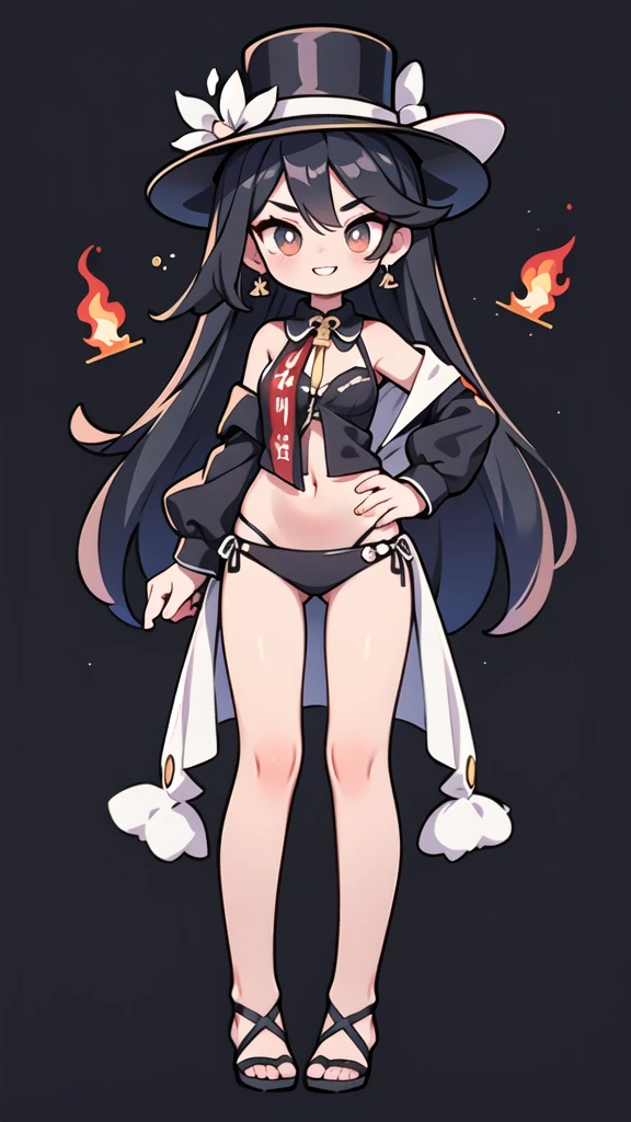 First place girl，Black top hat，smoke，Long straight hair，Dark brown pupils，白色外套配黑色紧身Navel装，Bare legs，头戴Black top hat，Expression is a must，Smile，Navel，Clothes with black as the main color