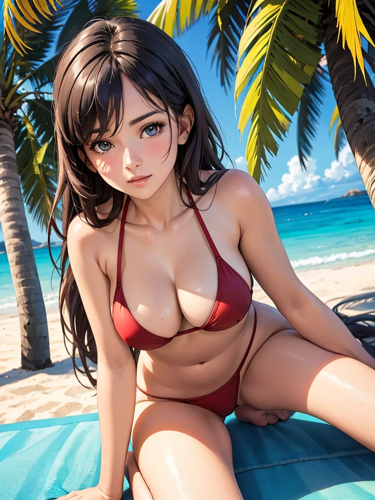 a beautiful woman with long dark hair, wearing a red ??????, posing in a tropical beach setting, sunlight reflecting off her skin, (best quality,4k,8k,UHD,HD,soft textures ,highres,masterpiece:1.2),ultra-detailed,(realistic,photorealistic,photo-realistic:1.37),detailed facial features, alluring expression, elegant pose, sandy beach, palm trees, blue ocean, golden hour lighting, warm tones