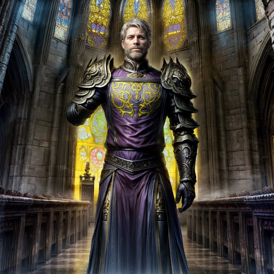 Draego,  a medieval knight in shining armor, standing in front of an altar in a large cathedral, dramatic backdrop, high contrast, wide angle lens, vibrant colors, serene, detailed intricate armor, flowing cape, determined facial expression, sunlight streaming through stained glass windows, ornate altar with candles, dramatic shadows, cinematic composition, photorealistic, 8k, hyper detailed, masterpiece