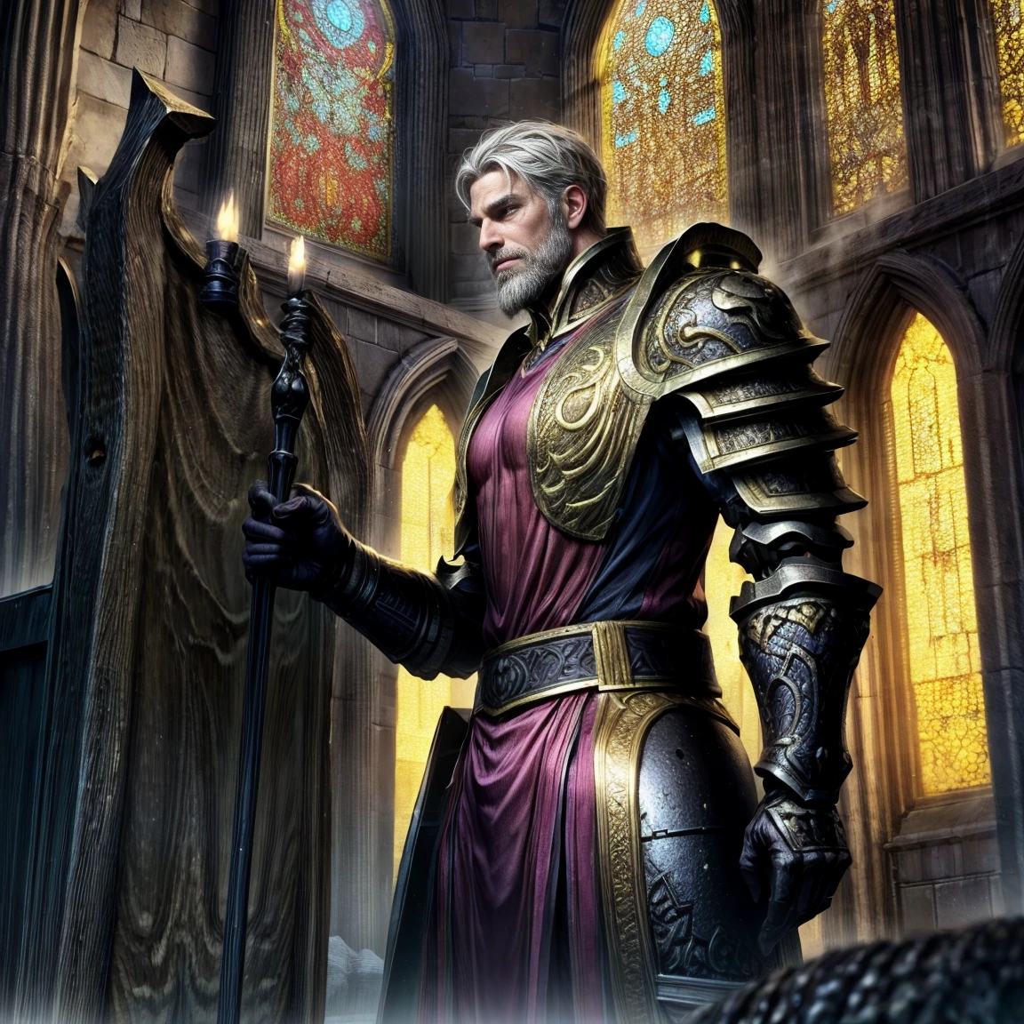 Draego,  a medieval knight in shining armor, standing in front of an altar in a large cathedral, dramatic backdrop, high contrast, wide angle lens, vibrant colors, serene, detailed intricate armor, flowing cape, determined facial expression, sunlight streaming through stained glass windows, ornate altar with candles, dramatic shadows, cinematic composition, photorealistic, 8k, hyper detailed, masterpiece