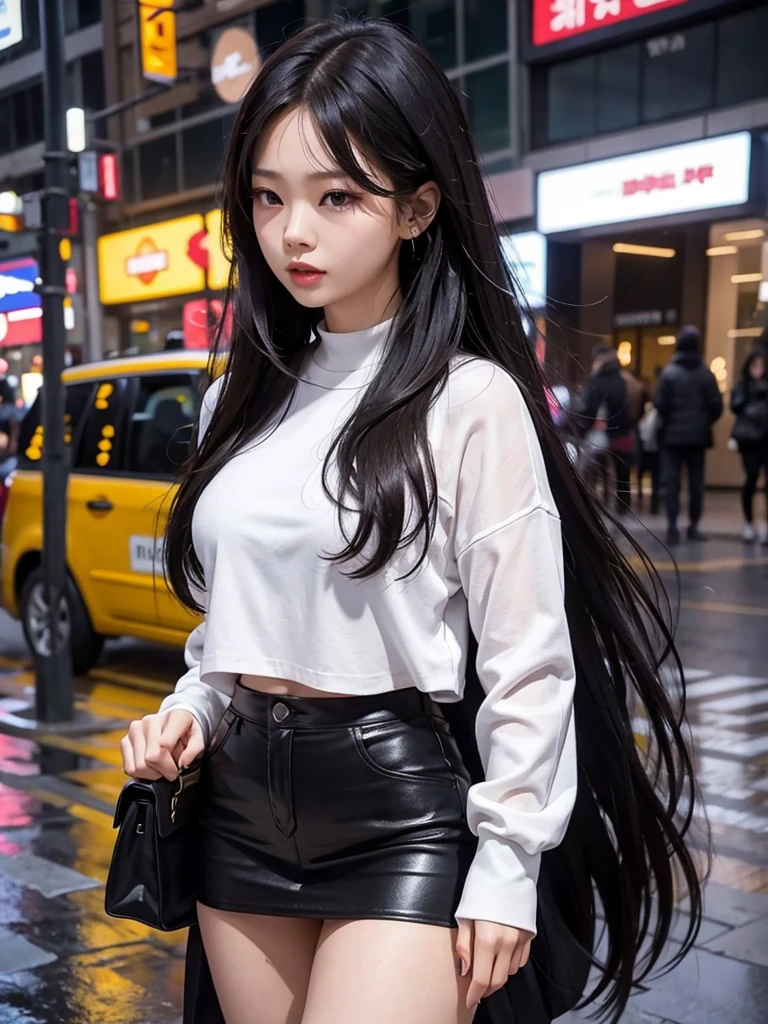 Jennie Kim, the iconic BLACKPINK rapper and singer, is in Seoul showing off his attributes, thick-thighs, sensual mother, big breasts and wide hips. Despite the downpour, she has a silly expression on her face, as she strikes sensual poses through the city streets. Your short black crop top and your mini skirt, combine creating an elegant and modern silhouette. Her beautiful black hair flowing in the wind, but this only serves to enhance your natural beauty. A faint smile plays on his full lips, as she observes the world around her with an air of mystery. City lights flicker and reflect in puddles of water, creating a vibrant and lively urban setting. Focus on Jennie&#39;s face. focus on the body.