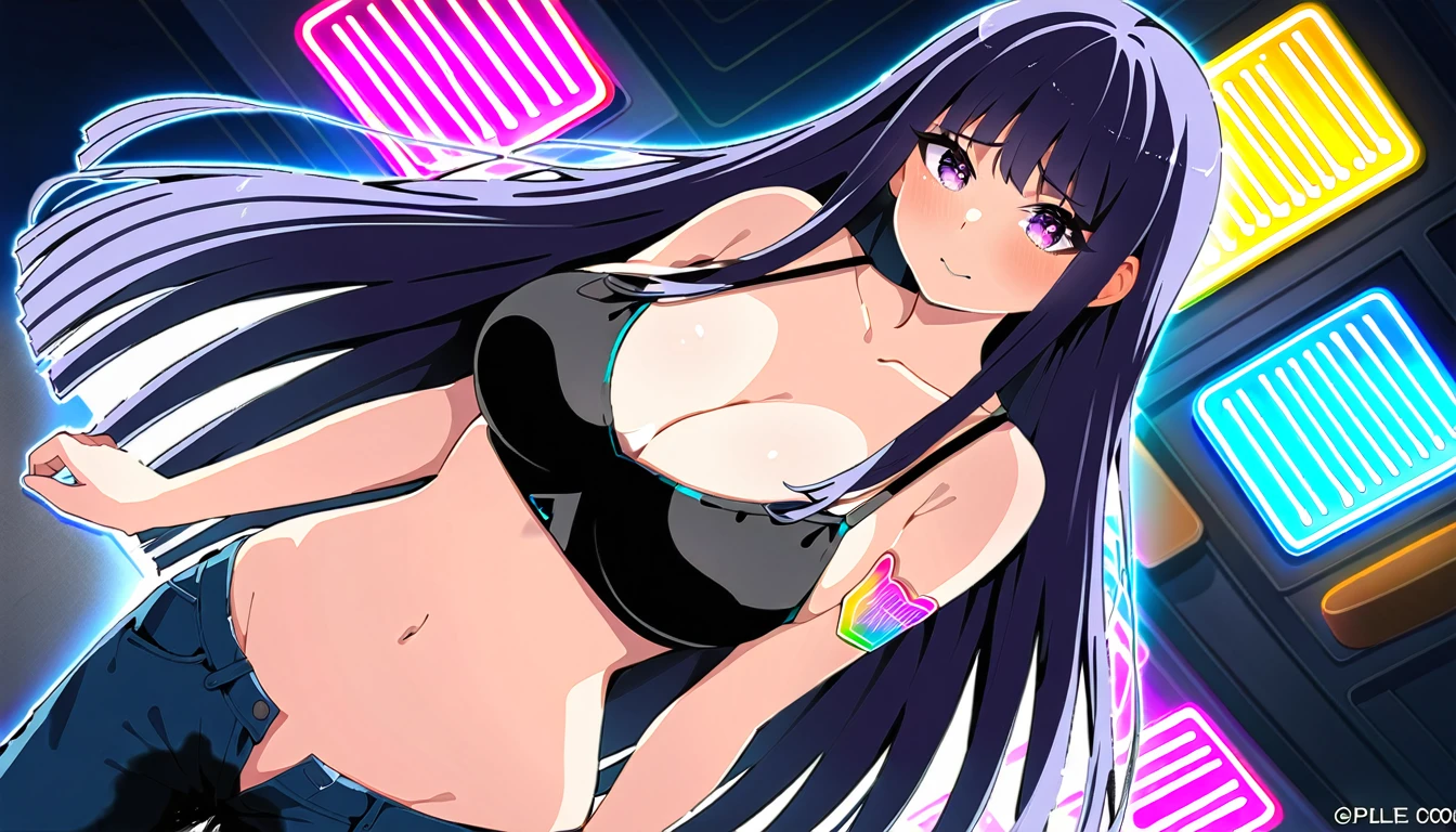 (masterpiece:1.37), best quality, (extremely detailed:1.37), woman, mature, adult, large breasts, very long hair, (straight hair:1.5), dark purple hair, purple eyes, (extremely detailed eyes:1.37), crop top, cleavage, navel, jeans, (groin:1.25), desperation, (wetting: self 3.0), standing, indoors, interior, futuristic, neon lighting, high-tech, street, store, counter, anime merchandise