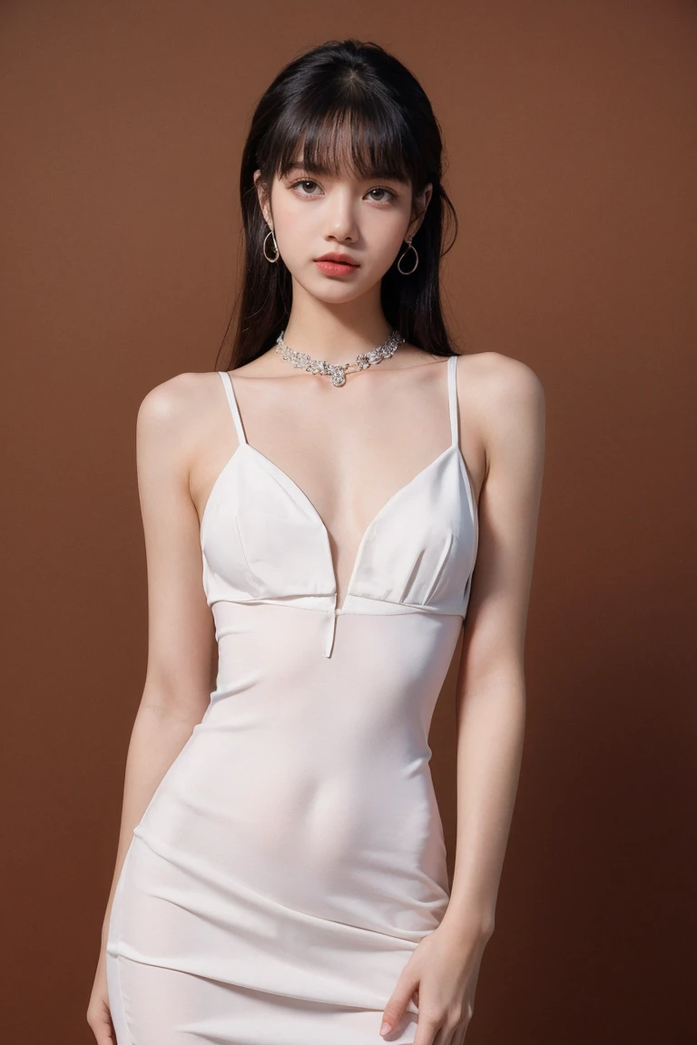 21yo girl, beautiful gown, Brown background,