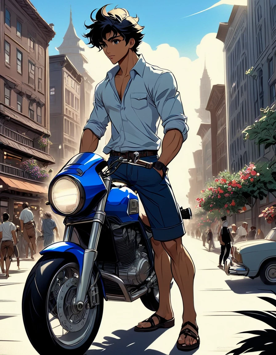 anime+yaoi+hentai style, hentai style colors palette , simetryc composition,  ultradetailed art style, oil painting, fullbody, perfect compositicion,  perfect anatomy, wearing small litle shorts, dramatic, natural lighting, a young gorgeous, handsome, tall, perfect feet, latino ,  detailed realistic muscles, simetryc body,  he is  ridding  a blue motorcycle and holding a sword , carring  a multicolor back bag,   in a downtown  scenario