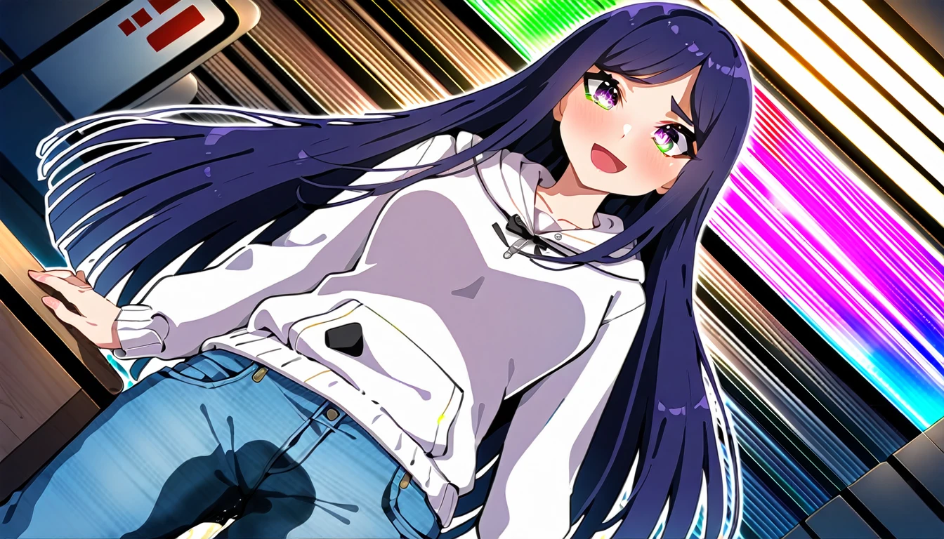 (masterpiece:1.37), best quality, (extremely detailed:1.37), woman, mature, adult, large breasts, very long hair, (straight hair:1.5), dark purple hair, purple eyes, (extremely detailed eyes:1.37), hoodie, jeans, (groin:1.25), desperation, (wetting: self 3.0), standing, indoors, interior, futuristic, neon lighting, high-tech, street, store, counter, anime merchandise