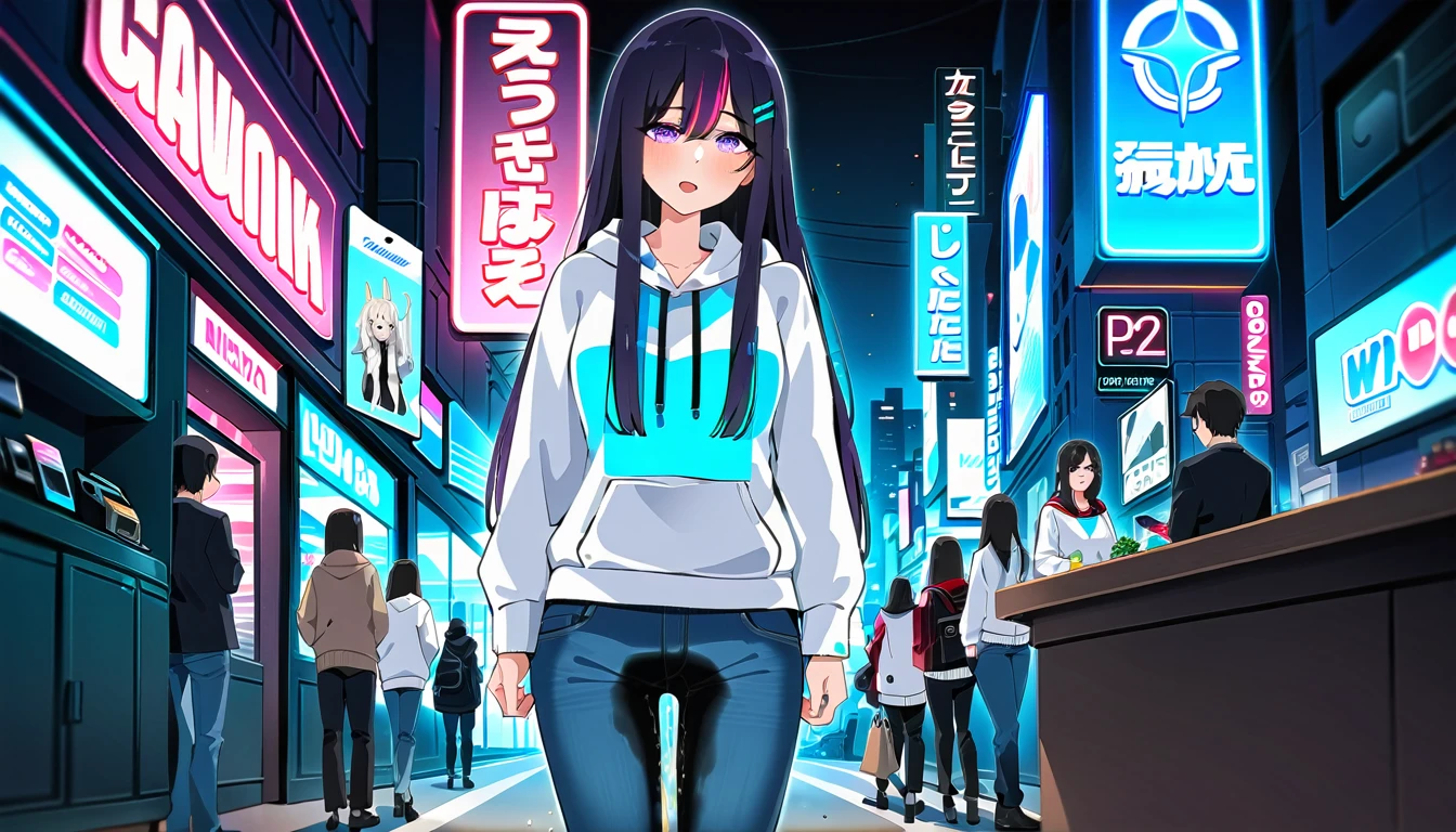 (masterpiece:1.37), best quality, (extremely detailed:1.37), woman, (mature:1.5), adult, large breasts, very long hair, (straight hair:1.5), dark purple hair, purple eyes, (extremely detailed eyes:1.37), crop top, cleavage, navel, jeans, open fly, (groin:1.25), desperation, (wetting: self 3.0), standing, city, futuristic, neon lighting, high-tech, street