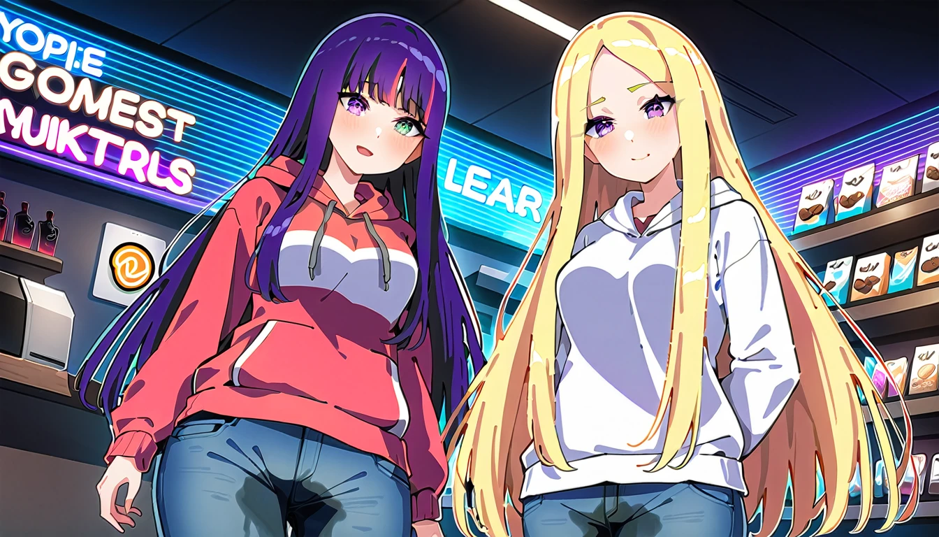 (masterpiece:1.37), best quality, (extremely detailed:1.37), woman, mature, adult, large breasts, very long hair, (straight hair:1.5), dark purple hair, purple eyes, (extremely detailed eyes:1.37), hoodie, jeans, (groin:1.25), desperation, (wetting: self 3.0), standing, city, futuristic, neon lighting, high-tech, street