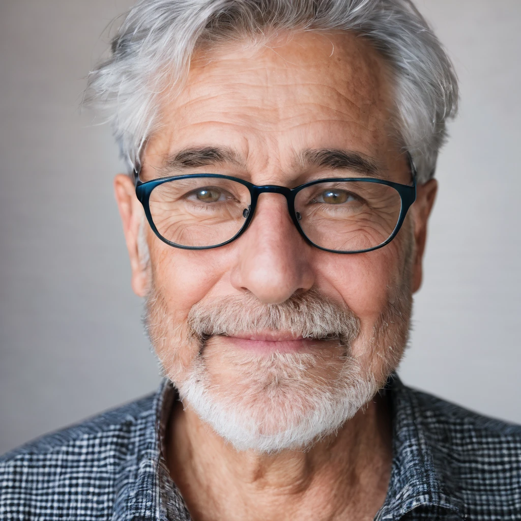 The face of a 60-year-old gray-haired man with glasses,for a YouTube profile