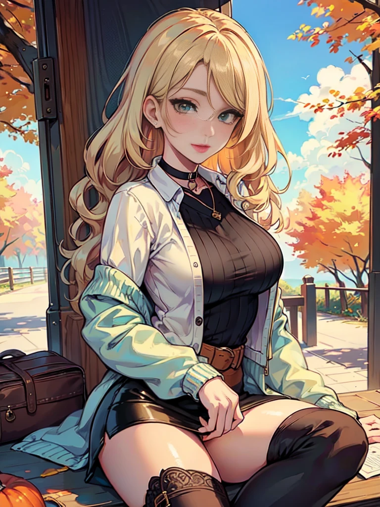 Masterpiece, raw,  beautiful art, professional artist, 8k, art style by sciamano240, very detailed face, very detailed hair, 1 woman, perfectly drawn body, beautiful face, long hair, blonde hair, very detailed green eyes, rosey cheeks, intricate details in eyes, playful smile, looking directly at viewer, in love with viewer expression, black chocker, lipstick, wearing cute fall clothes, jacket, sweater, short pencil skirt, thigh boots, sunny day fall