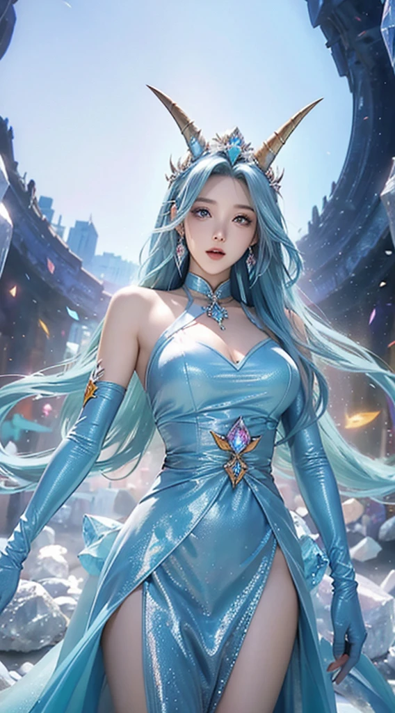 best qualityer,tmasterpiece,Ultimate resolution,downy,Extremely colorful,Colorful,palace background,A dragon girl,Royal Sister,Light blue bandeau maxi dress,huge tit,A pair of ice crystal dragon horns,(Ice blue super long hair),Ice crystal palace background,Grand,epic sense,Normal posture