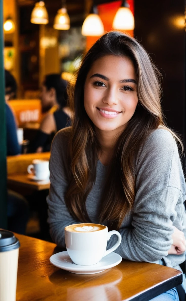 une jeune fille de 23 ans est assise dans un café tranquille à port au prince ,tasse fumante de café chaud sur sa table,serein,détendu,Occasionnel, Photographie cinématographique d'art hyperréaliste dans le style d'une séance photo hyperréaliste détaillée