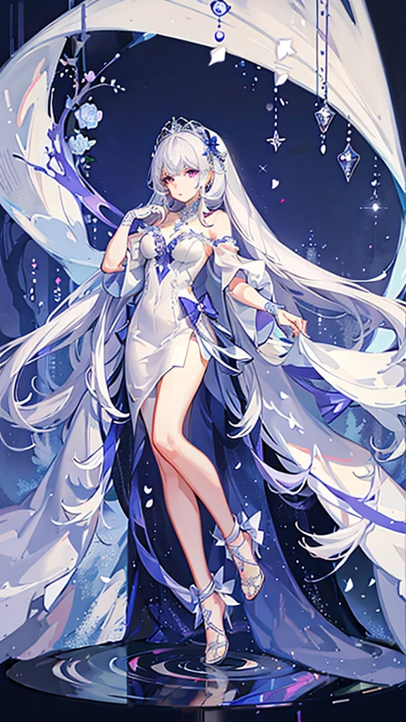 Most beautiful teenage bride wearing an elegant off the shoulder white wedding dress with a vail. Most dreamy figure and facial features. Extremely long white hair and purple eyes. ultra clear details.