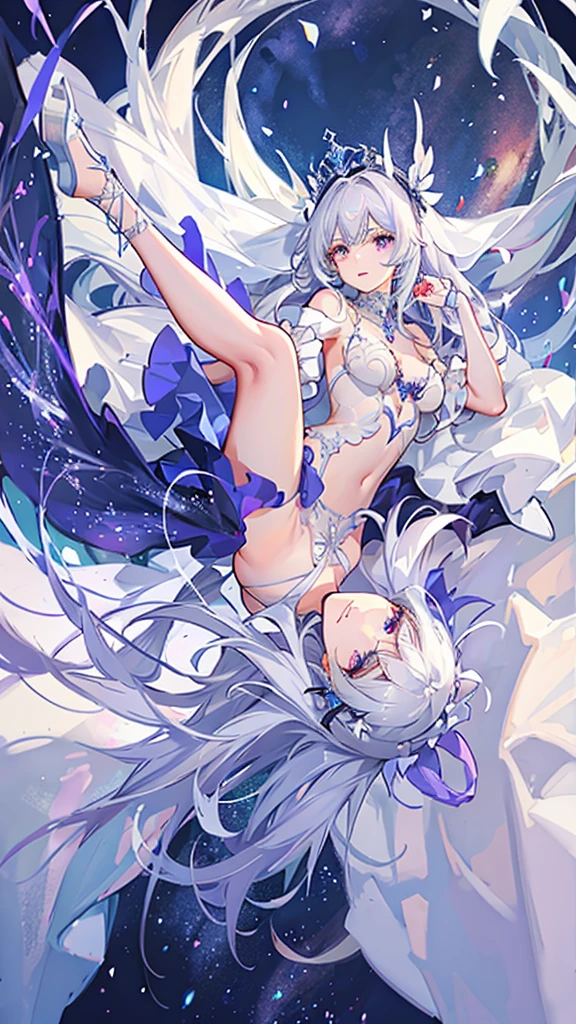 Most beautiful age bride wearing an elegant off the shoulder white wedding dress with a vail. Most dreamy figure and facial features. Extremely long white hair and purple eyes. ultra clear details.