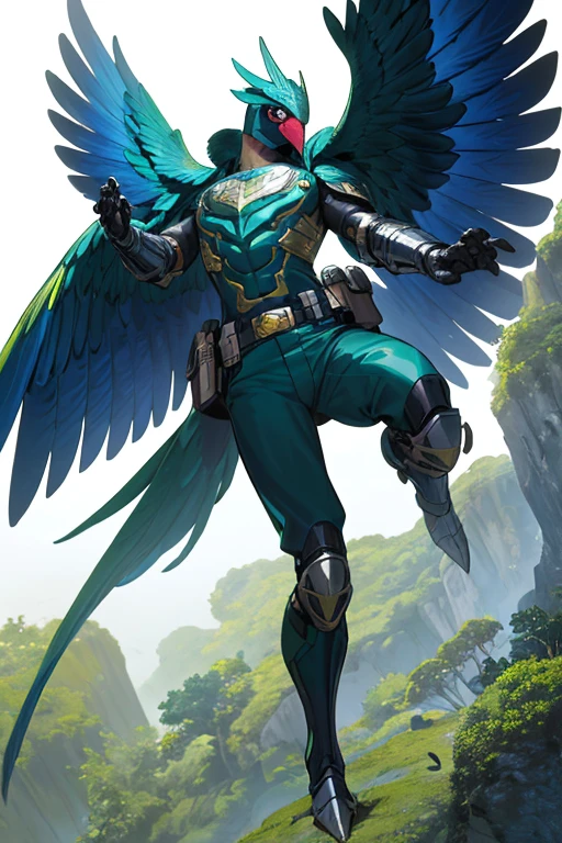 ((best quality)), ((masterpiece)), (detailed), 1 man, full body, 25 years old, masked, blue mask, blue head, uncovered mouth, biker helmet, blue helmet, parrot helmet, black neck, tall, thin, black beak, black details, a green parrot with a blue head on his side, metallic wings, wings on his arms, blue fingerless gloves, blue wristbands, luminous blue wings shooting lasers, blue suit resembling light armor, blue suit with an emblem, entirely green chest, emblem on his chest, green pants, deployable bird tail, metallic feathers, gray knee pads, metallic gray boots, metallic bird claws, black superhero belt, flying through the jungle, midday jungle background, anime