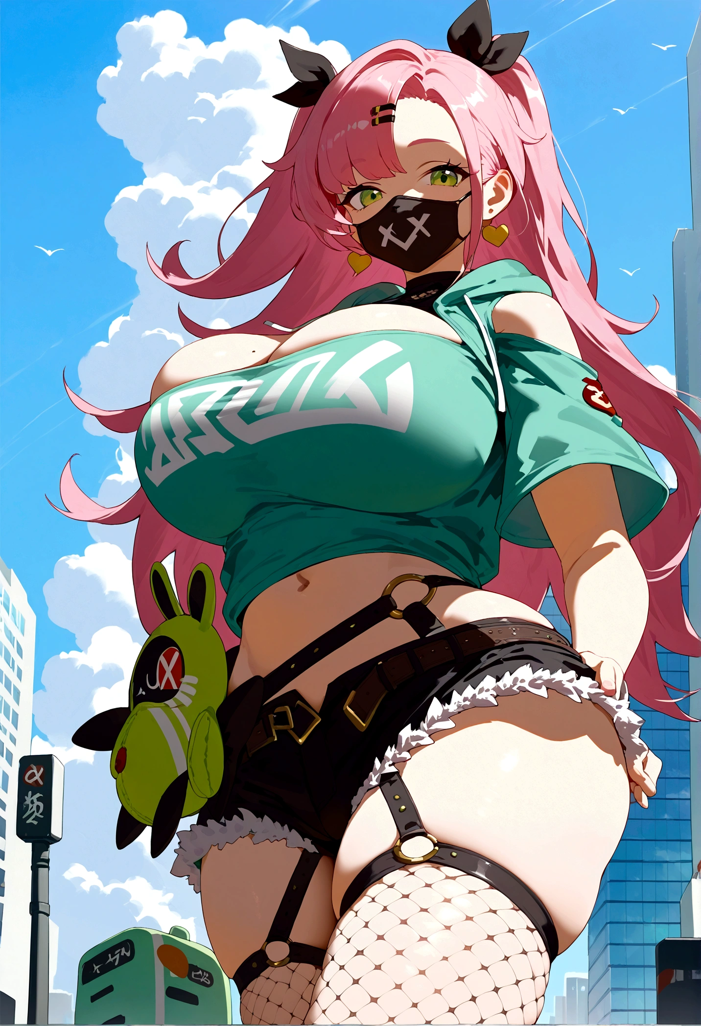 score_9, score_8_up, score_7_up, source_anime, looking at viewer, looking down, cowboy shot, 
Ncle, green eyes, mole under eye, earrings, jewelry, green hoodie, hood up, hands in pockets, black skirt, sunglasses, mouth mask, hoodie, pullover, fishnet pantyhose,  
large breasts, thick thighs, skindentation, smile, walking, 
city, japan, buildings, cloudy sky, day, big breasts