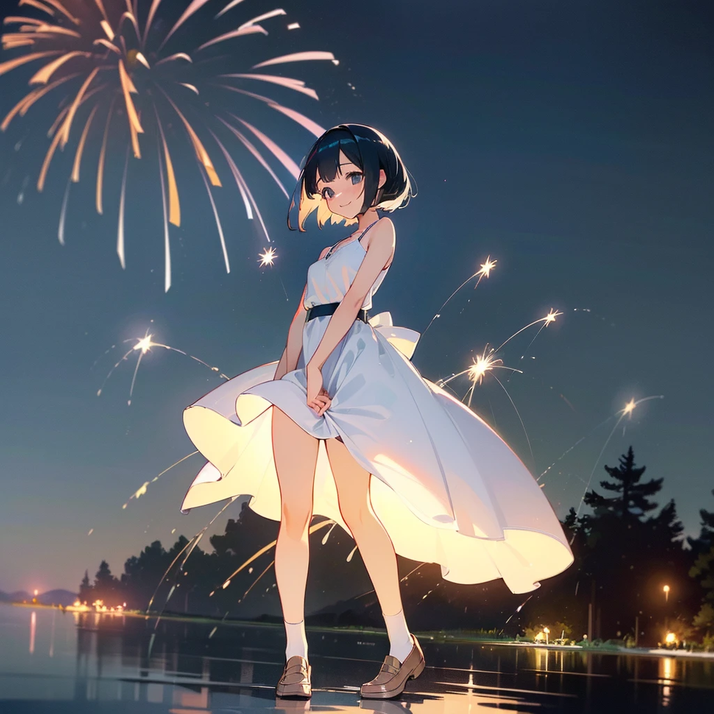 (high quality, High resolution, Very detailed, reality:1.37), Peaceful atmosphere, (Night Sky, firework), Teenage girl standing alone, (my breasts are big.), Beautiful details, Cute Smile, (Black bob hair), White camisole dress, White socks, loafers.