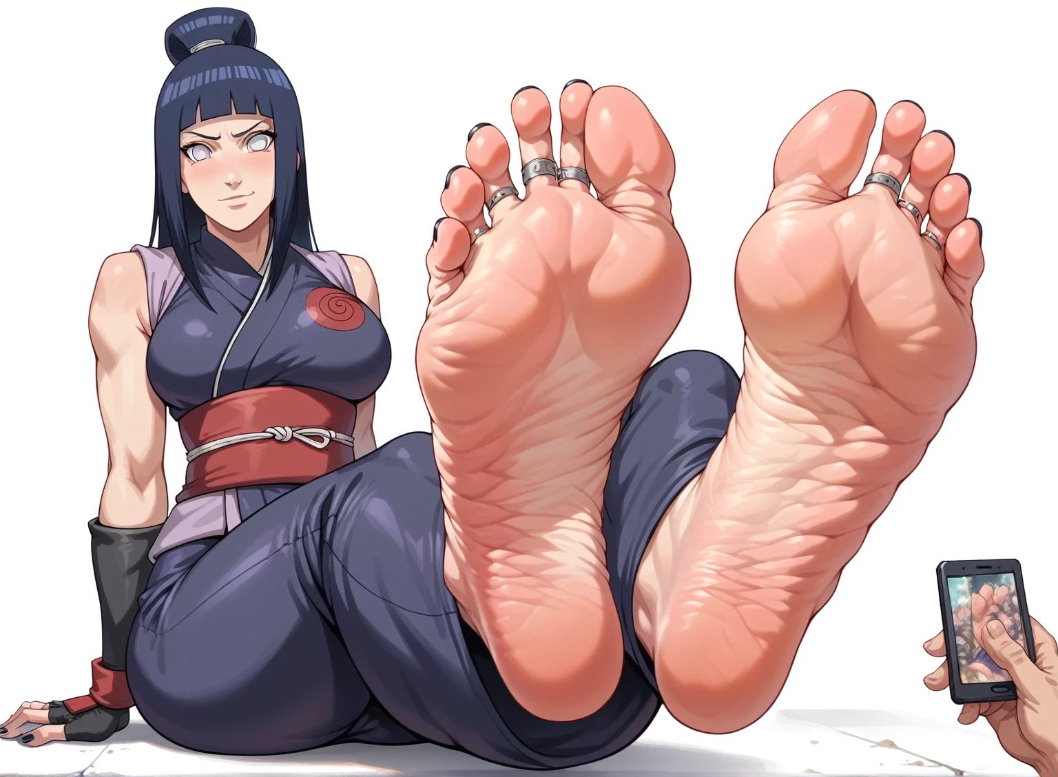 Hinata From Naruto, feet, soles, very wrinkled soles, disgusting dirty soles, black toenail, toes ring, soles focus. Very detailed soles, Masterpiece, UHD. Ninja Chamber background