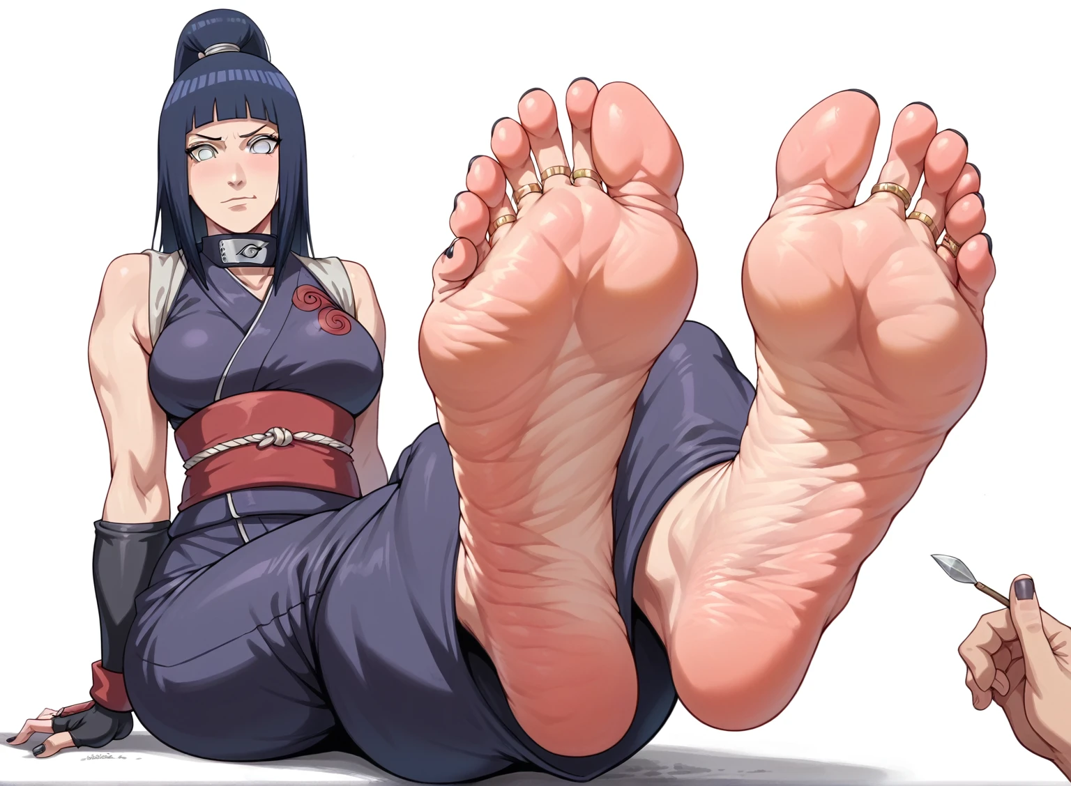 Hinata From Naruto, feet, soles, very wrinkled soles, disgusting dirty soles, black toenail, toes ring, soles focus, big breast. Very detailed soles, Masterpiece, UHD. Ninja Chamber background