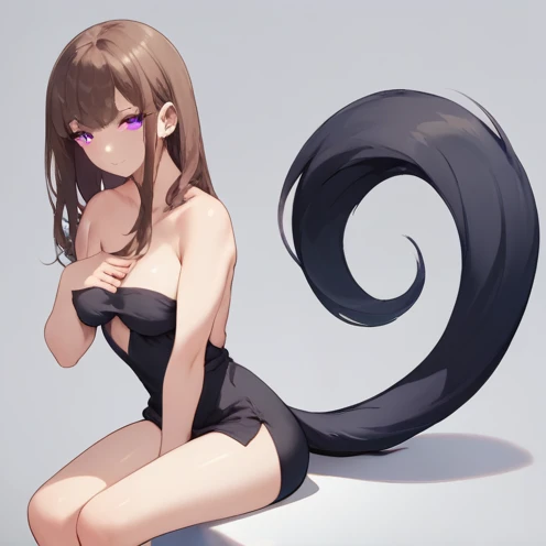 1 adult anime girl, solo, looking at viewer, black tail, strong purple eyes, sitting, big breasts, black dress, 2 very slim dress bands covering breasts, hair hears, long dark brown hair, nsfw, breats semi exposed.