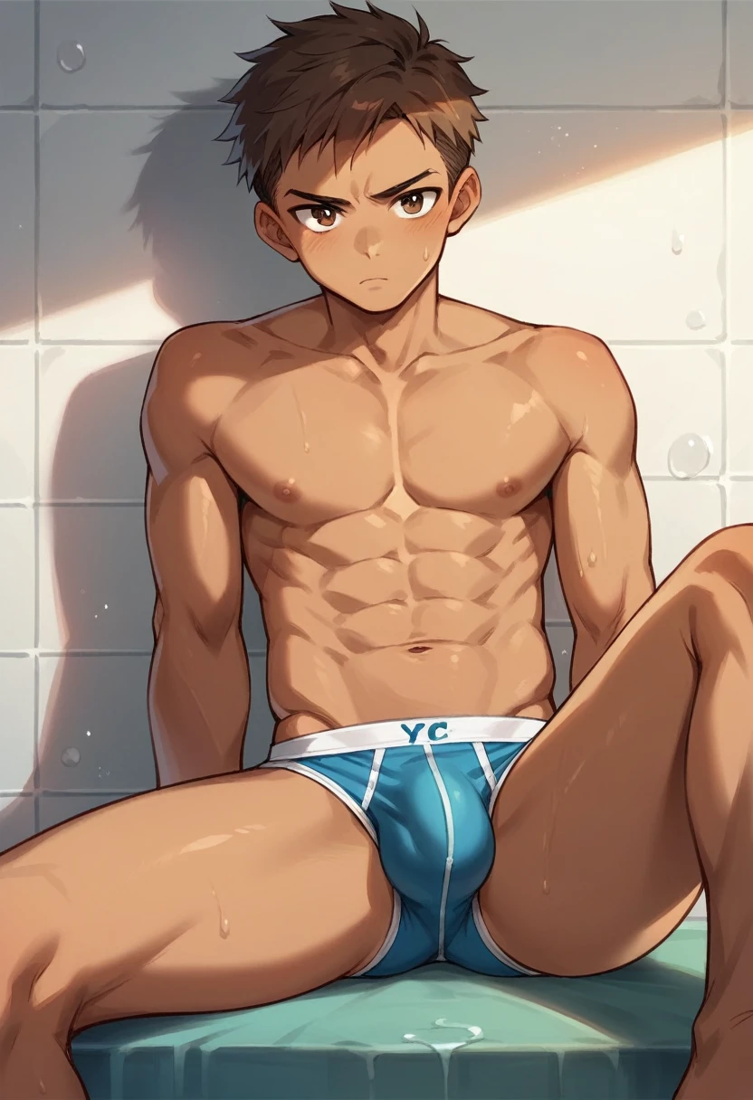 ung boy sitting, Her hair is brown, large side stripe, your brown eyes with a serious look, YOUR TANNING SKIN, he is wearing underwear with a medium bulge