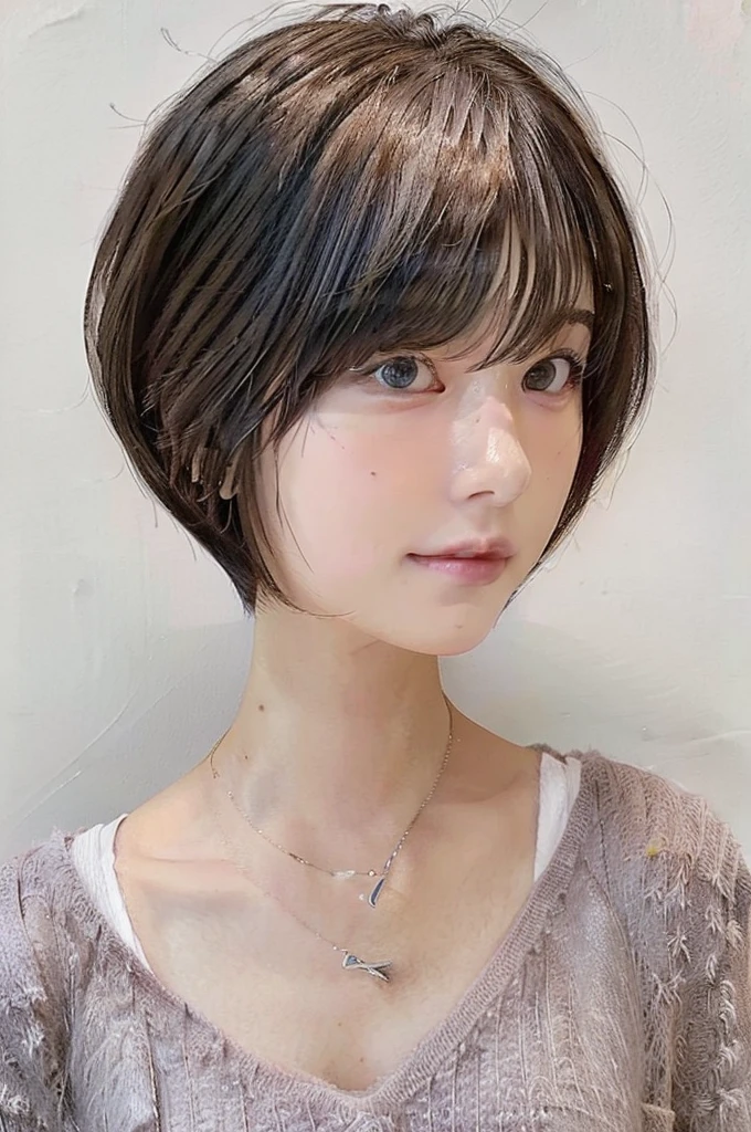 (Very realistic photos, concentrate、High resolution, Detailed face, Beautiful Eyes), ((Photographed in front of a white wall))、Japanese women, 20-year-old, various expressions, Upper Body、alone:1, Slim figure, Mr.々Hair style,Black sheer top、 Only one person is in the photo、Photographed in natural light、Simple Necklace、Bob Hair、Shortcuts、Looking into the camera