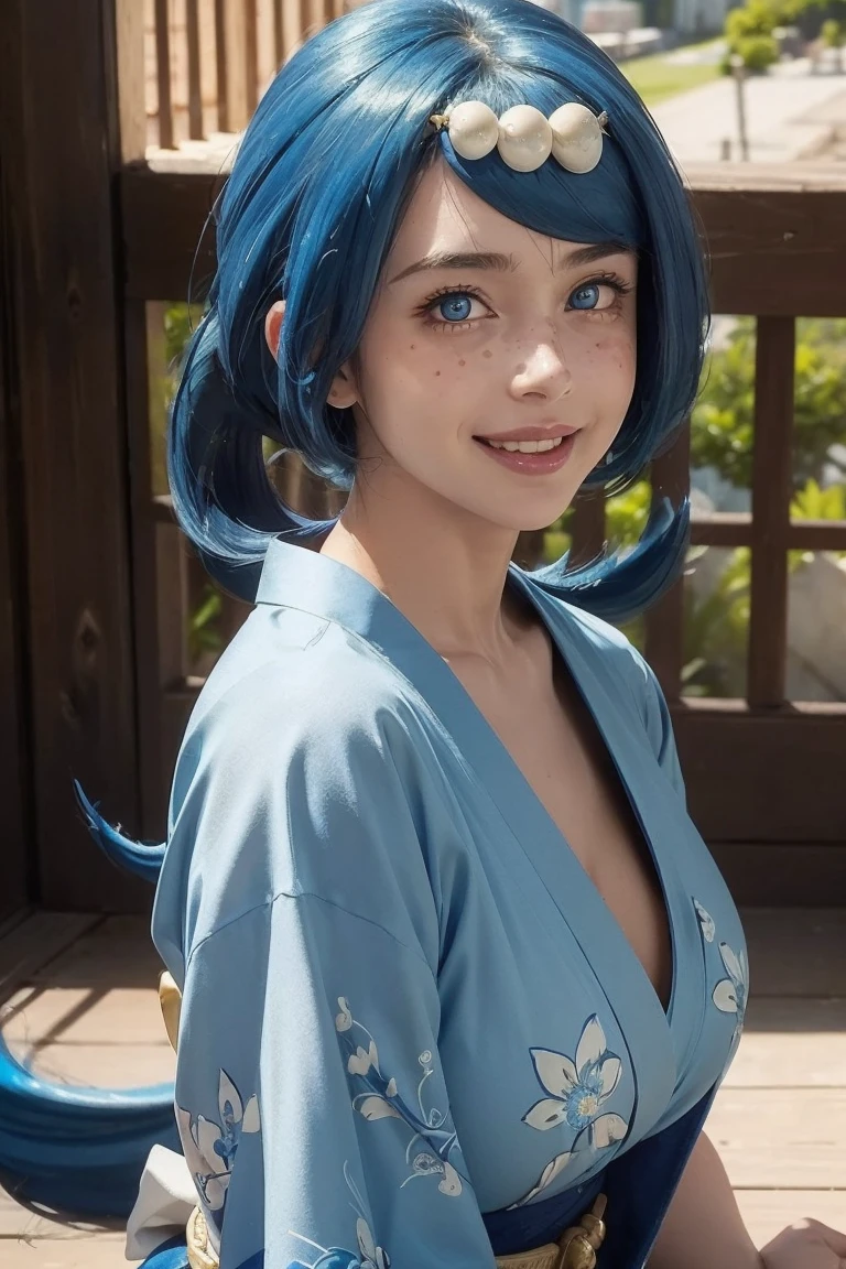 (best quality), (masterpiece), detailed, depth of field, perfect lighting, 1girl, mature female, blue eyes, blue hair, low ponytail, hair ornament, (best quality), (masterpiece), detailed, depth of field, short sleeves,  blue kimono, blue hair, upper body, freckles, huge breasts, smile