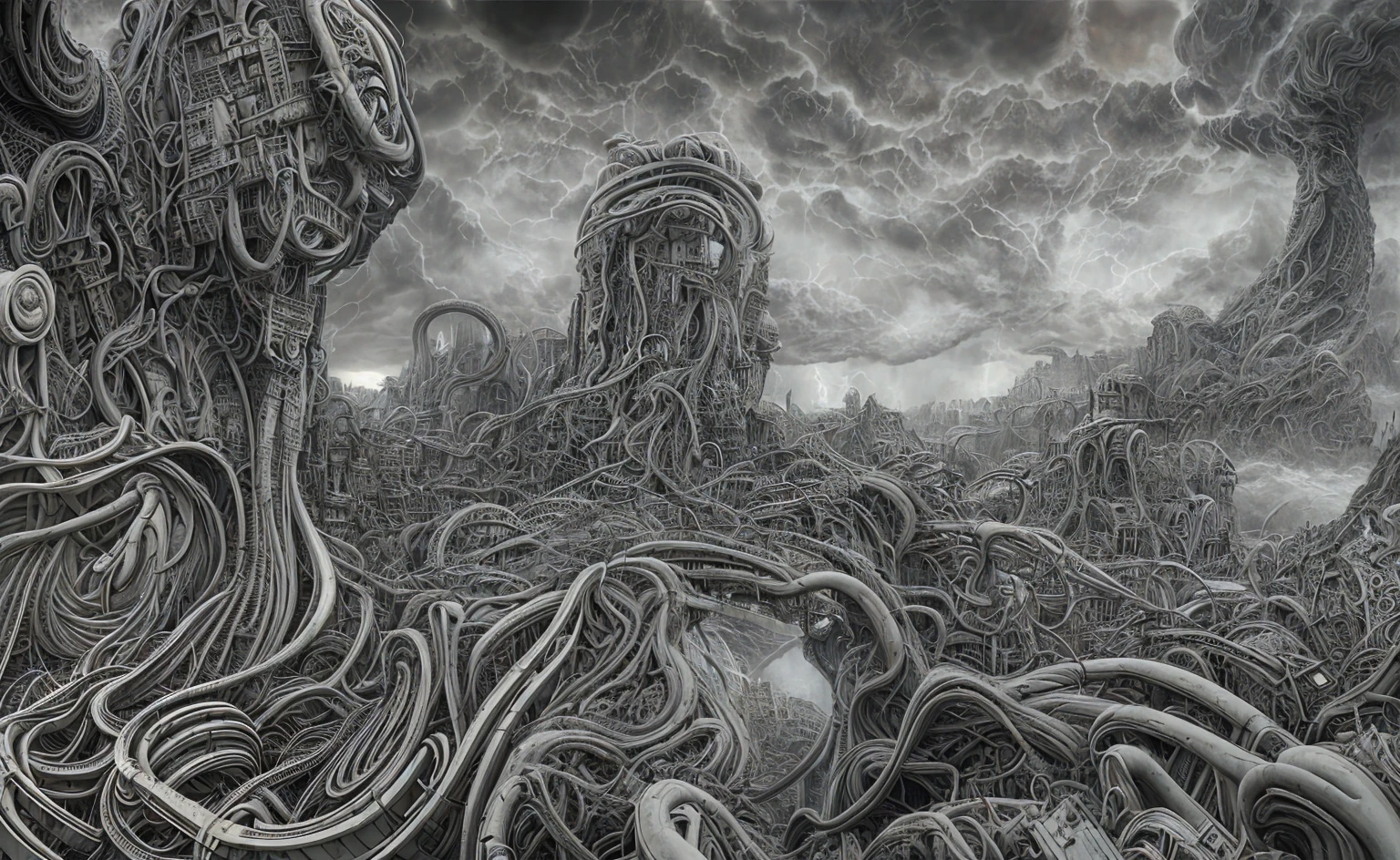 city of merging organic forms, creeping cables and pipes , in style of Dan Seagrave, H. R. Giger, Zdzisław Beksiński with cinematic lighting, background cloud storm inspired by jeffrey smith