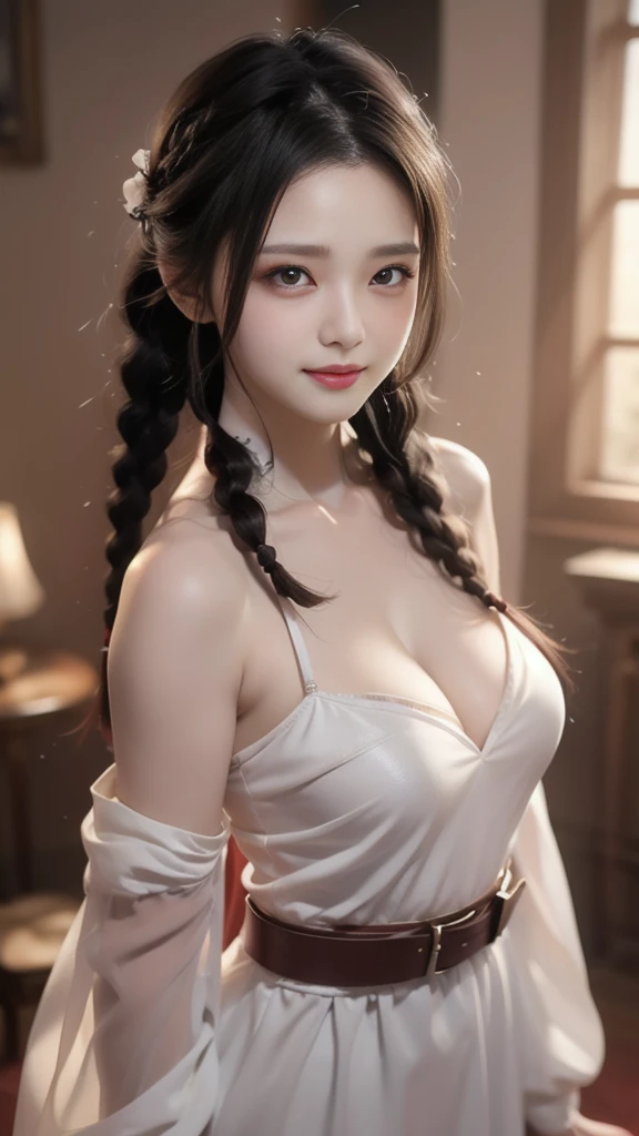 best quality,Super detailed,masterpiece,Employment,8K,Extremely detailed CG unifies 8K, 8K, diamond, and wallpaper,lifelike, Surreal, The original, Intricate details,Detailed face,Exquisite eyes, Skin smooth and soft, Delicate face, Big shining eyes,1 beautiful girl, 18 years old, Super beautiful face details, Smiling shyly, Medium breasts,(Red wide belt),White transparent dress,braid