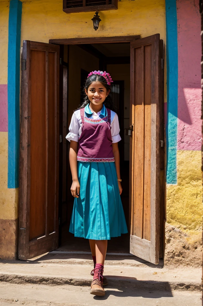 A lively high school girl dressed as an Oaxacan with highlighted colors at the entrance of a school