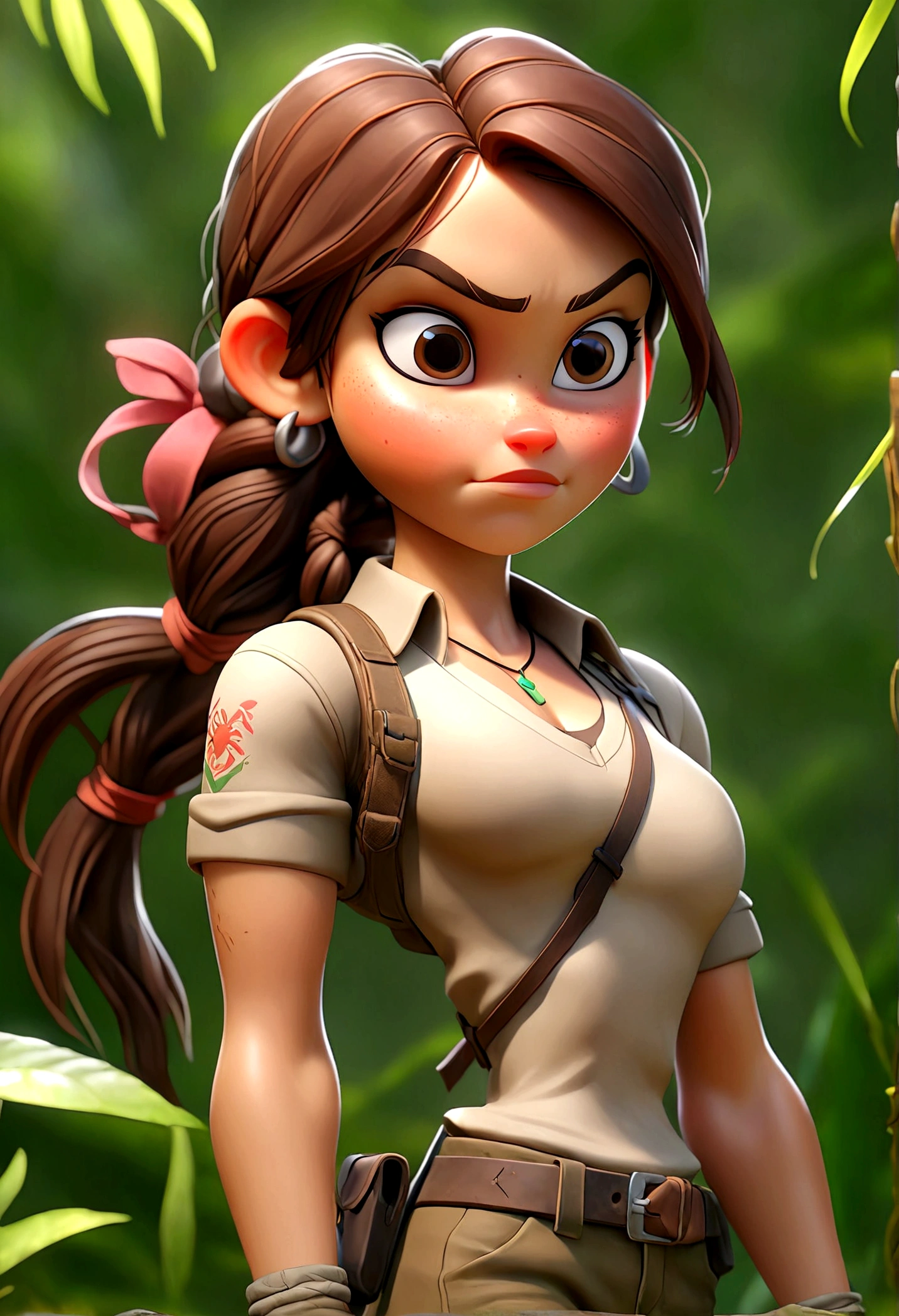 (Best quality, high resolution: 1.2), Ultra-detailed, (Realistic: 1.37) brunette, médium brown hair, brown eyes big chest, 18 years, full body, tomb raider outfit full body full body picture  bigger-boobs  and smile (( 4 pose of jungle mexico field))