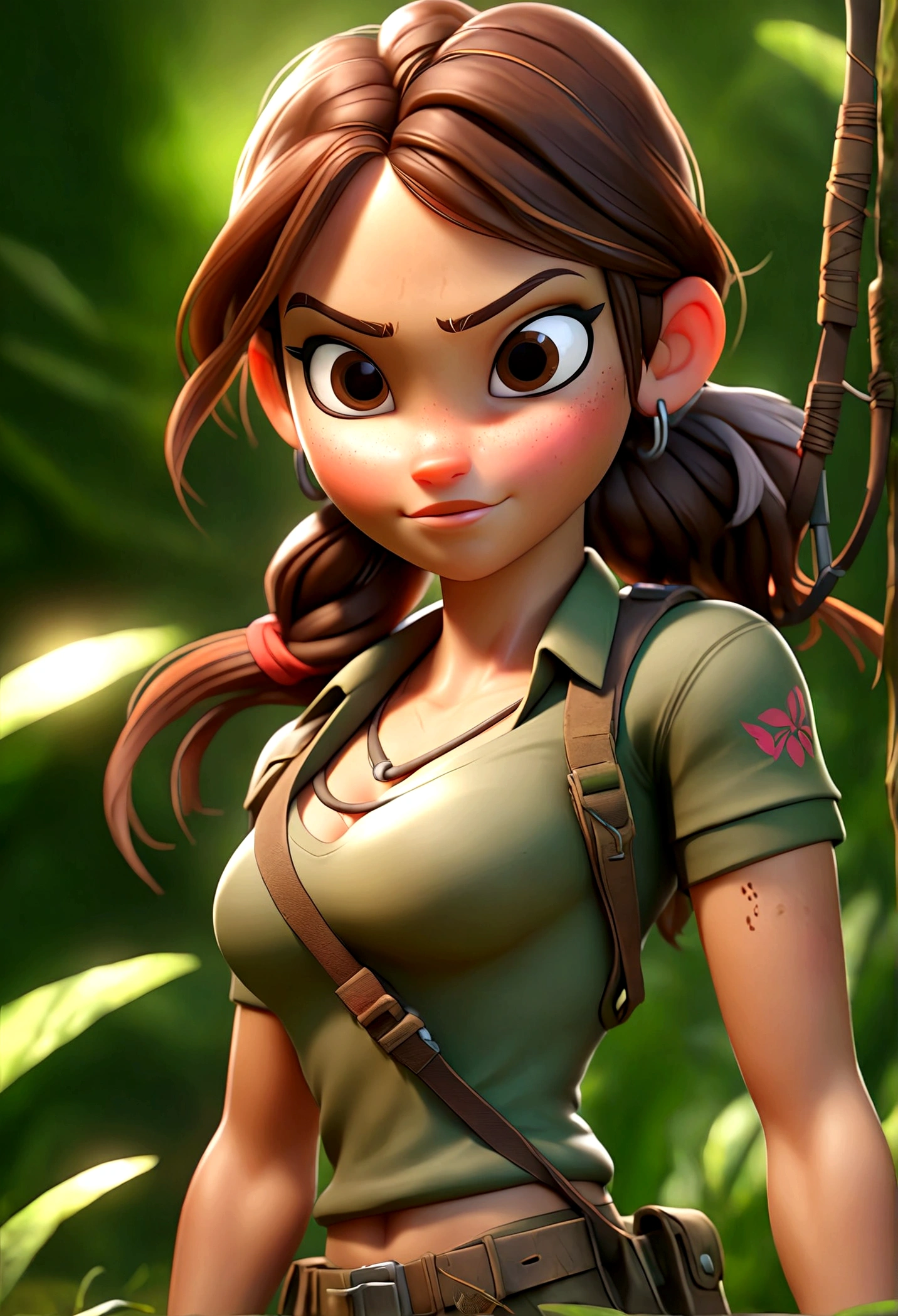 (Best quality, high resolution: 1.2), Ultra-detailed, (Realistic: 1.37) brunette, médium brown hair, brown eyes big chest, 18 years, full body, tomb raider outfit full body full body picture bigger-boobs and smile (( 4 pose of jungle mexico field))