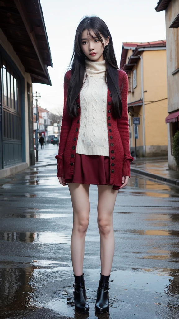 (to the firmware), 1 Woman, 24 years oF age, (Cute Face), (Ideal body proportions), Modern old town landscape, ((ta clothing)), (((Red muFFler))), wet, White skin, Slender, Black Hair, Long hair, beautiFullegs, Small butt, Thin legs, Surrealism, light, depth oF Fields, One person&#39;s point of view, F/1.8, 135 mm, nffsw, On the table, precise, Anatomically correct, Textured Skin, Super Detail, High Detail, high quality, The award-winning, best quality, high resolution, 8K