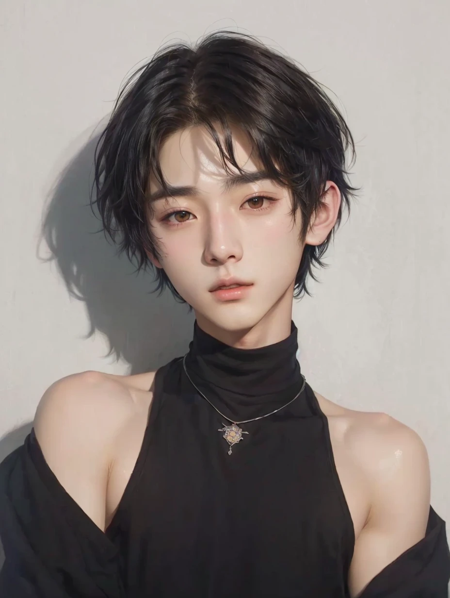 a close up of a man wearing a black top and a necklace, non-style artwork by guweiz, young realistic anime, realistic painting of cute boy, with short hair, Awesome anime face portrait, cute anime portrait, realistic art style, realistic 3d anime style, portrait of an anime boy, 🤤 boy portrait, boy cute face, ulzzang boy, korean male, bts jungkook.
