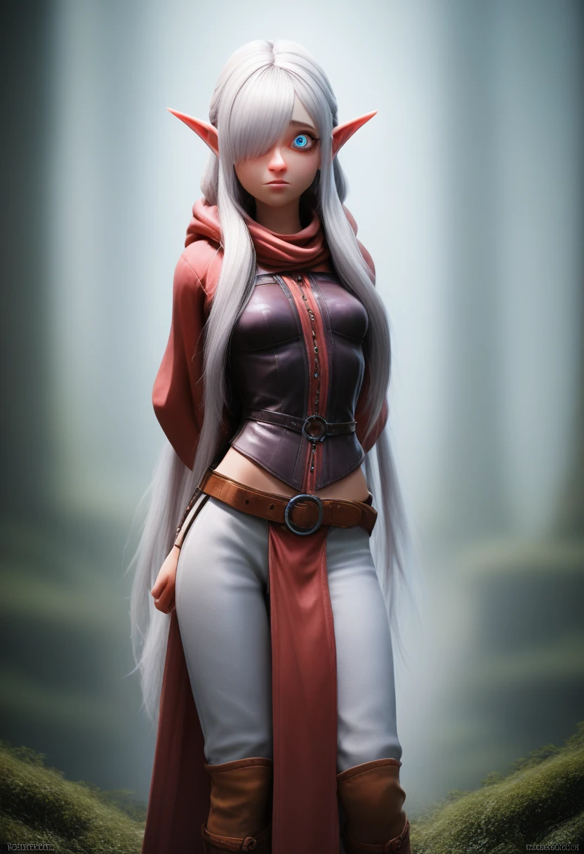 ((Best Quality)), (Masterpiece)), (Details: 1.4), Absurd Resolution, High Resolution, (Masterpiece: 1.4), Ultra Detailed, detailed gnome girl with pale skin, short stature, very long waist length silver hair that curls at the ends, covering one eye, with small breasts, pouty lips, and bright blue anime-style eyes with long lashes, wearing a corset, white puffy long sleeved shirt, and puffy cloth pants, leather bound boots, set in a windy fantasy landscape, (best quality,4k,8k,highres,masterpiece:1.2),ultra-detailed, dungeons and dragons, long elf ears, small girl, detailed skin and cloth textures, cute detailed face, intricate details, extremely detailed, 1girl, dynamic pose with hair covering one eye, shy personality, puffy cloth pants with leather belt, detailed privateer outfit, detailed buccaneer outfit, pouch on belt, wearing ornate leather armor with fur trim, silver inlay detail, wearing fur trimmed boots, wearing fur trimmed gloves, short, short height, halfing girl, small girl, very long detailed flowing hair, big head, big round eyes