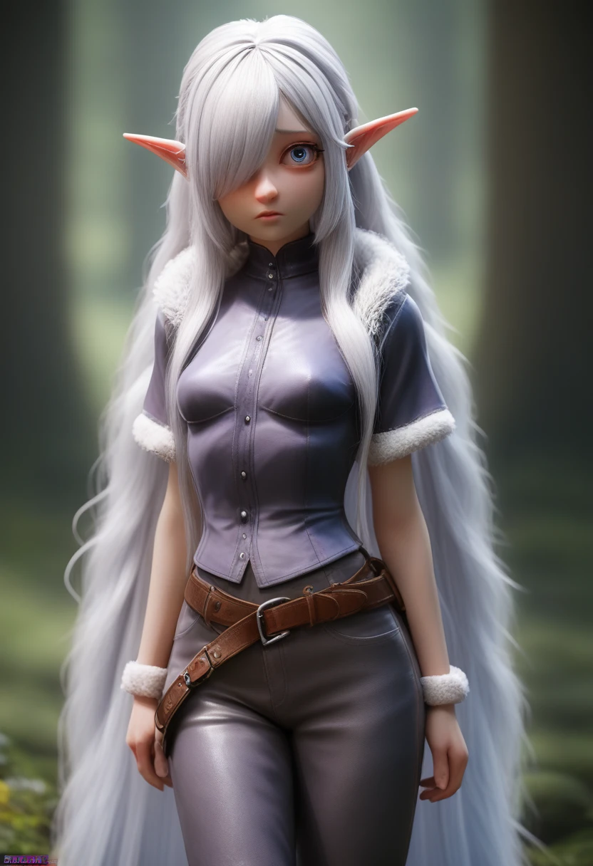 ((Best Quality)), (Masterpiece)), (Details: 1.4), Absurd Resolution, High Resolution, (Masterpiece: 1.4), Ultra Detailed, detailed gnome girl with pale skin, short stature, very long waist length silver hair that curls at the ends, covering one eye, with small breasts, pouty lips, and bright blue anime-style eyes with long lashes, wearing a corset, white puffy long sleeved shirt, and puffy cloth pants, leather bound boots, set in a windy fantasy landscape, (best quality,4k,8k,highres,masterpiece:1.2),ultra-detailed, dungeons and dragons, long elf ears, small girl, detailed skin and cloth textures, cute detailed face, intricate details, extremely detailed, 1girl, dynamic pose with hair covering one eye, shy personality, puffy cloth pants with leather belt, detailed privateer outfit, detailed buccaneer outfit, pouch on belt, wearing ornate leather armor with fur trim, silver inlay detail, wearing fur trimmed boots, wearing fur trimmed gloves, short, short height, halfing girl, small girl, very long detailed flowing hair, big head, big round eyes