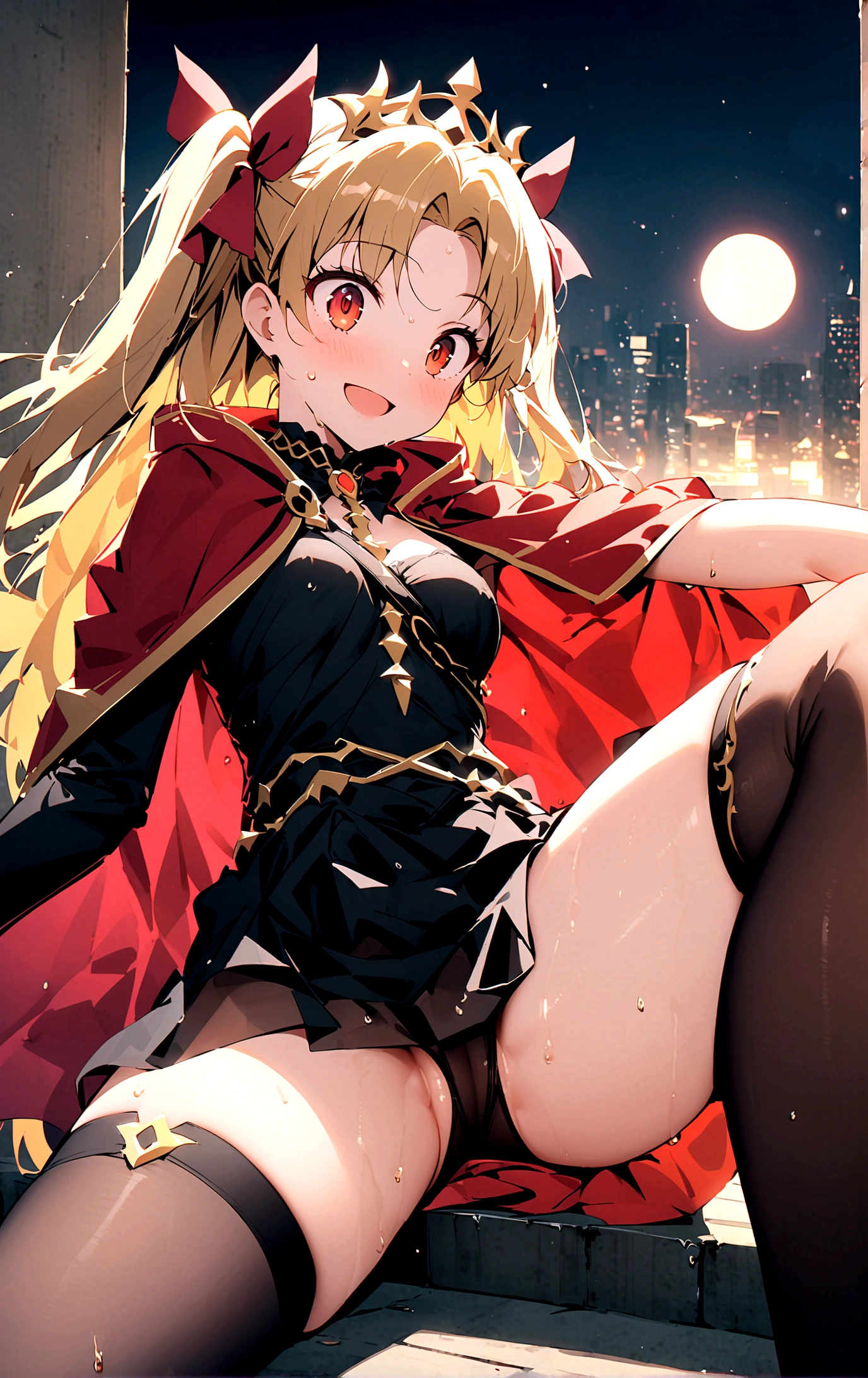 score_9、score_8_up、score_7_up、source_アニメ、1 person、solo、Staring at the audience、Ereshkigal、Two Side Up、Hair Ribbon、Ereshkigalベース、tiara、Black Dress、Short dress、One Sleeve、Gold border、Red Cape、One Thigh High、Black thigh-highs、Open your mouth、Wicked Smile、smile、Outdoor、rooftop、Cityscape、Underworld、Galraray、Dynamic Pose、Spread your legs、night、night空、Wet clothes、Wet、Wet Hair、moon、City lights、Wet Dress、See-through dress、Part your lips、Surprised、Drops of sweat, drops of white sticky liquid 