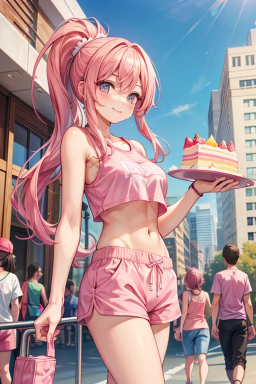 Tall caucasian woman with pink hair in a ponytail, wearing a pink tang top, pink shorts, and pink sneakers smiles holding a cake in one hand.