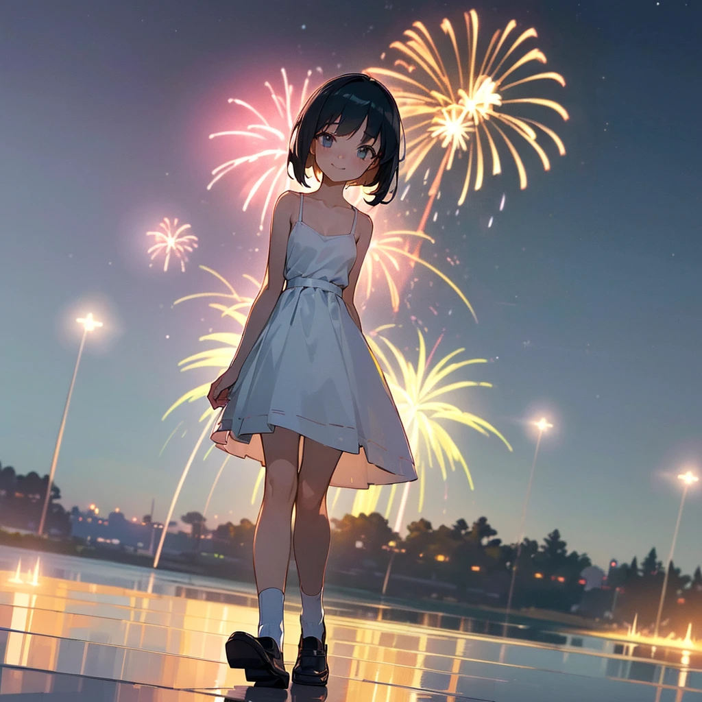 (high quality, High resolution, Very detailed, reality:1.37), Peaceful atmosphere, (Night Sky, firework), Teenage girl standing alone, (my breasts are big.), Beautiful details, Cute Smile, (Black bob hair), White camisole dress, White socks, loafers.