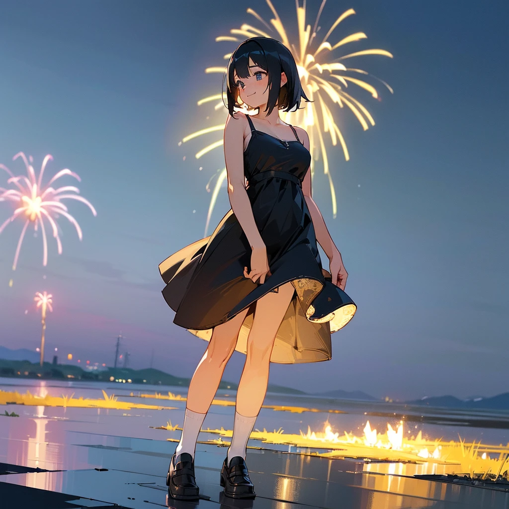 (high quality, High resolution, Very detailed, reality:1.37), Peaceful atmosphere, (Night Sky, firework), age girl standing alone, (my breasts are big.), Beautiful details, Cute Smile, (Black bob hair), White camisole dress, White socks, loafers.